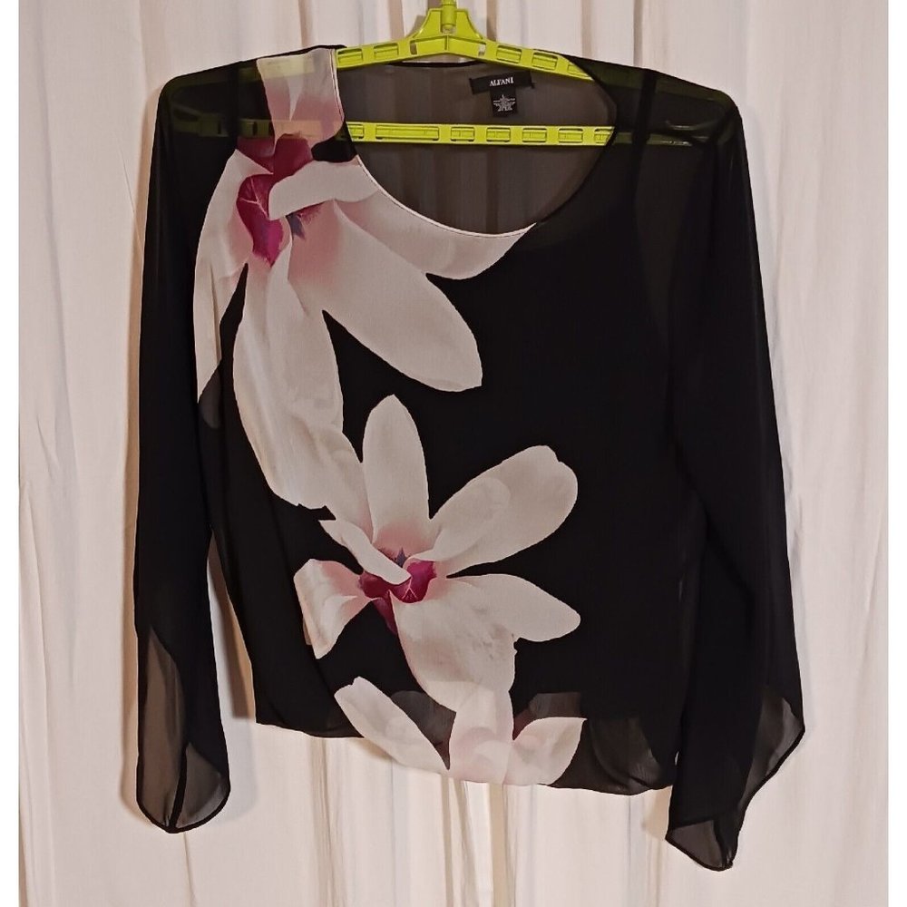 Alfani Floral Size Large Layered Pink Black Bell Sleeve Elastic Waist Top Blouse
